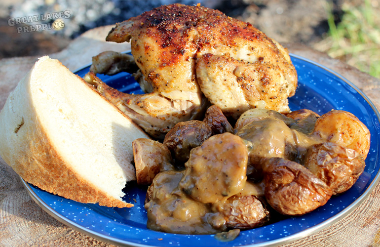 Dutch Oven Cornish Hens with Crispy Potatoes & Mushroom Gravy